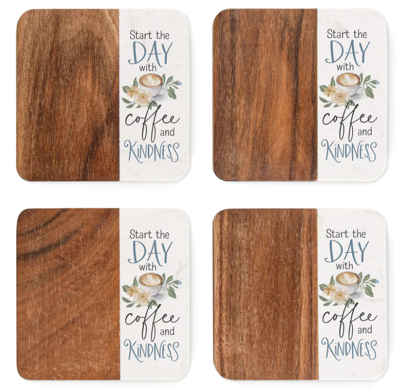 Start The Day Wood And Marble Coaster Set