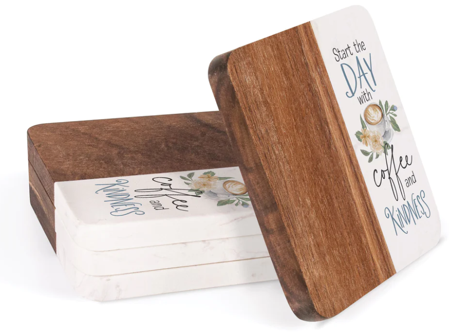 Start The Day Wood And Marble Coaster Set