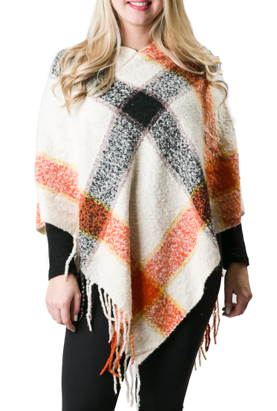 Cece Plaid Poncho with Fringe cream