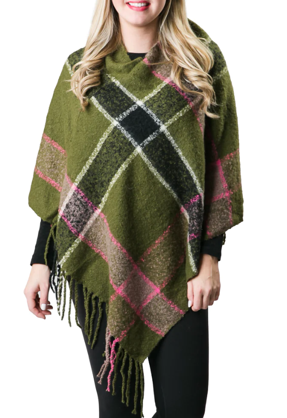 Cece Plaid Poncho with Fringe green