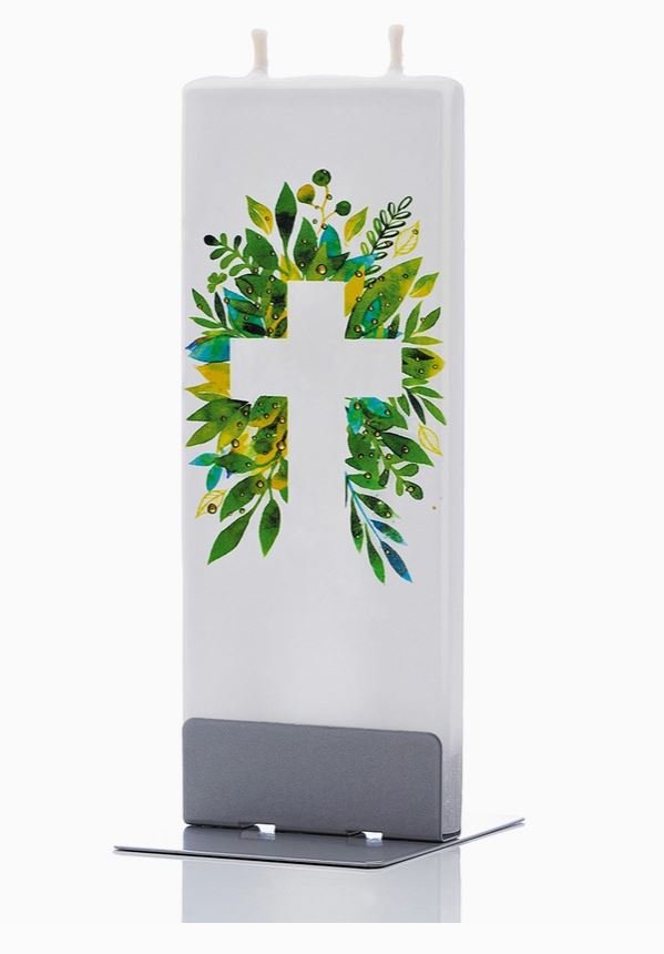 Cross with Greenery Flat Candle